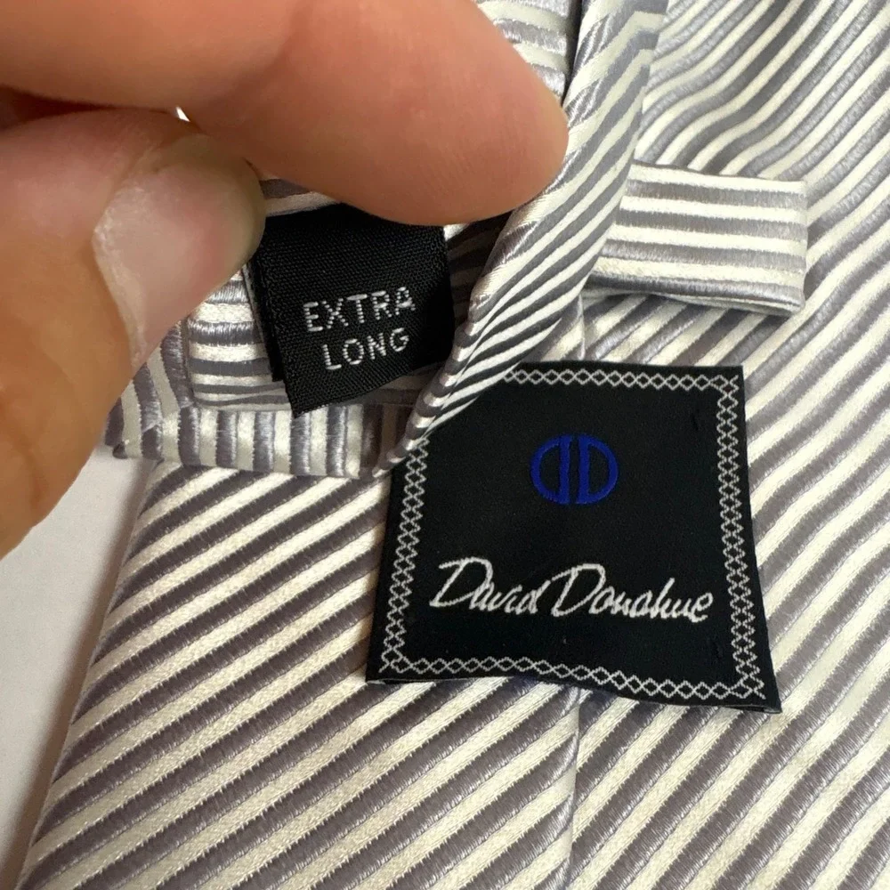 David Donahue Necktie Mens XL Silver Grey Striped Silk Formal Extra Long 0394
